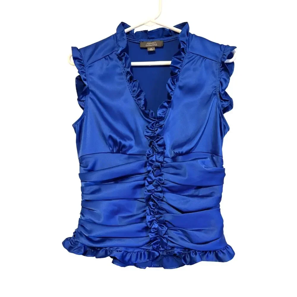 Dressbarn Collection Blue Satin Sleeveless Ruffle Blouse Ruched 6 Regency Y2k